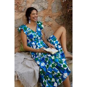 FARM RIO Medium Tiered Maxi Dress Carmelita Geometric Blue Green Ruffle